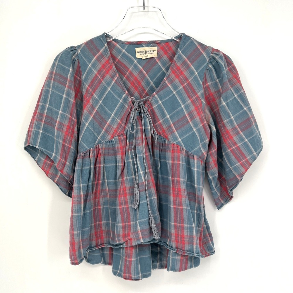 Vtg Ralph Lauren Babydoll Top Womens S Plaid Western Ruffle Country Checkerd